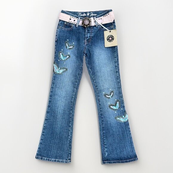 NEW Vanilla Star Studded Bootcut Jeans & Belt Girls Size 8 Butterfly Embellished - Picture 1 of 8